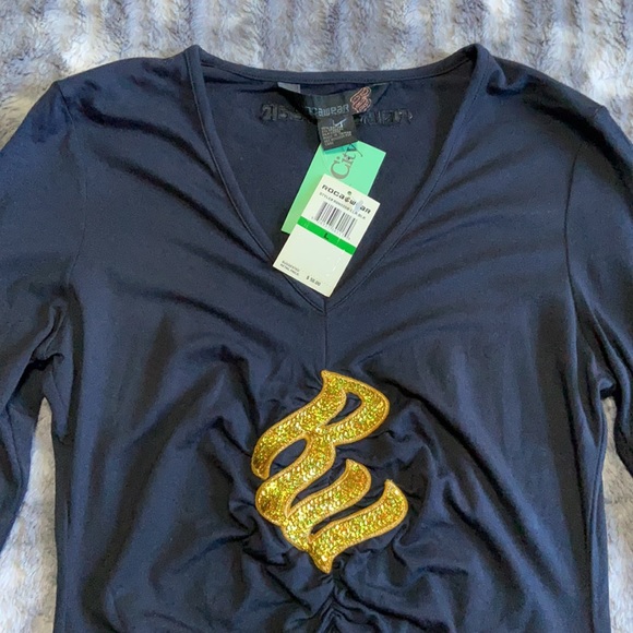 NWT! Rocawear Solid Black With Gold Detail Long Sleeve V-Neck Blouse Size Large - Picture 4 of 5